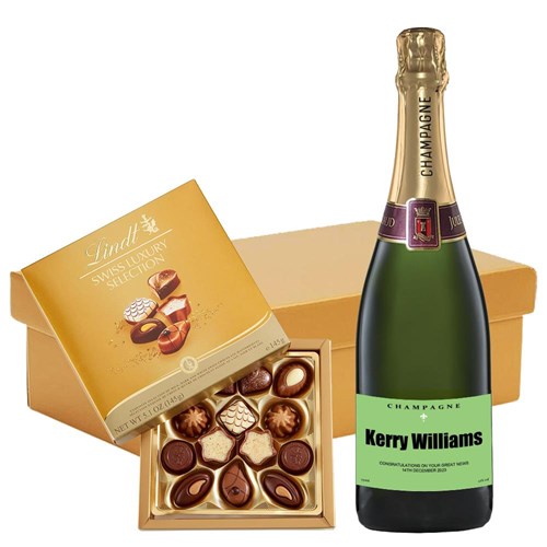 Personalised Champagne - Green Label and Lindt Master Chocolatier Hamper – Premium Gift